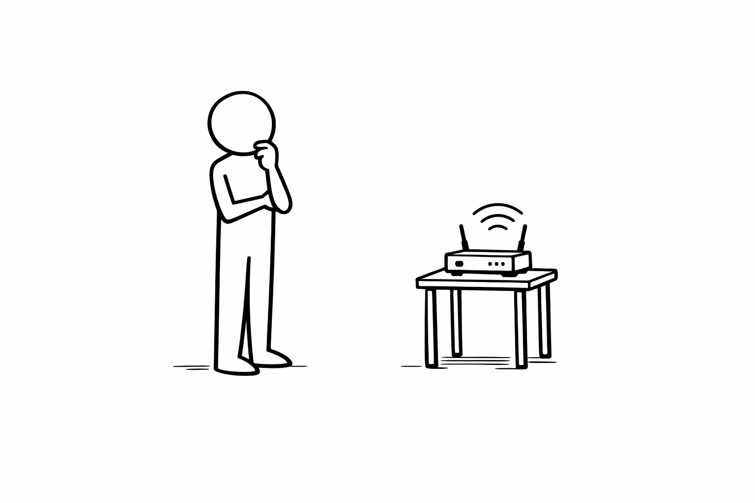 Stick figure thinking with a small WiFi internet router on a end table.